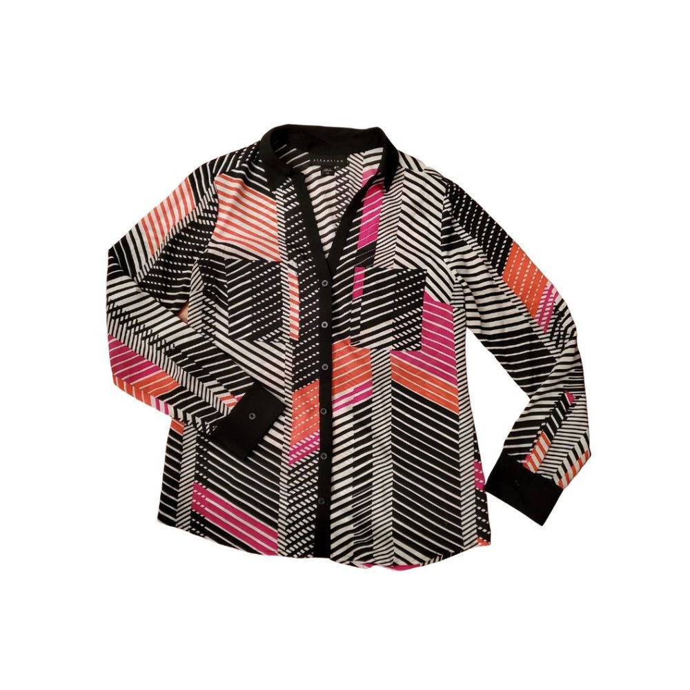 Attention Geometric Chevron Stripe Blouse Pink Orange Black Sz S